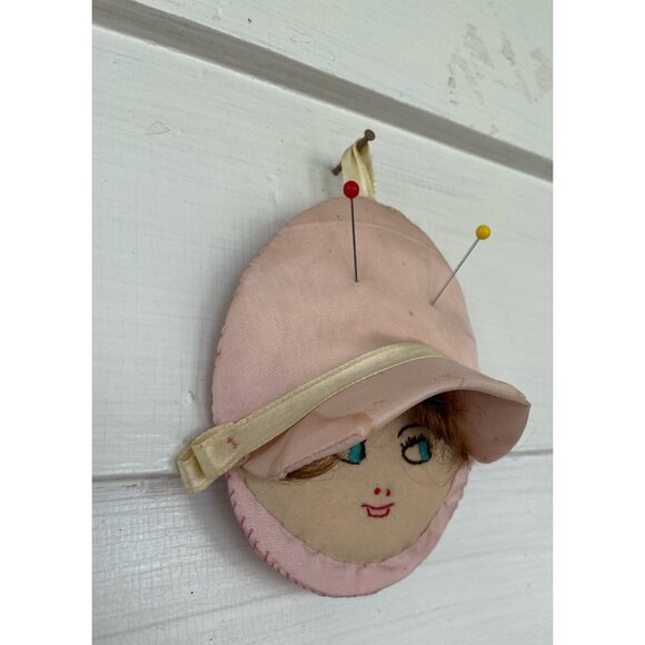 Antique 1930s Pincushion doll Face Embroidered  Silk Pink - Picture 2 of 15